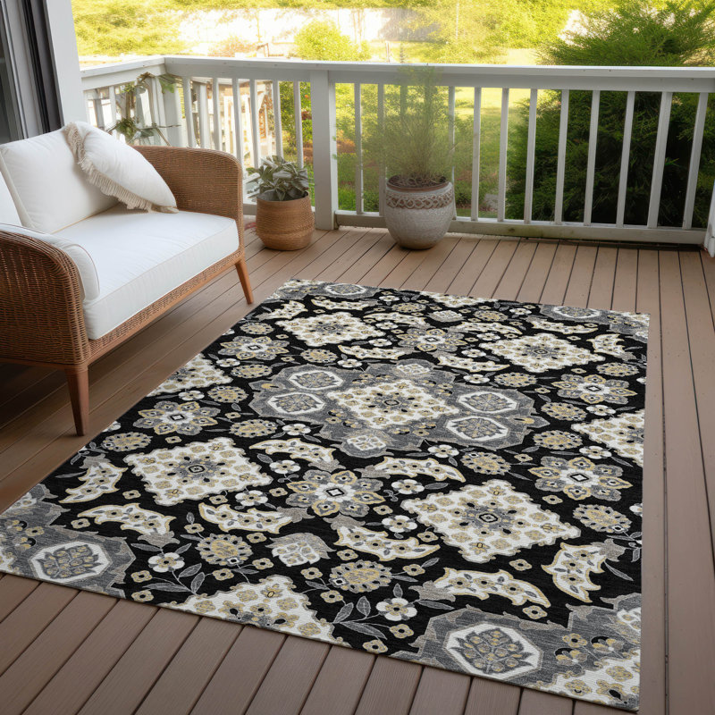 Tapis noir intérieur / extérieur lavable à la machine Xhevrie, Rectangulaire 3 pi x 5 pi