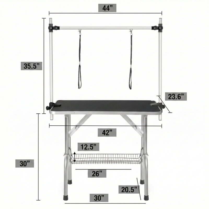 Grande table de toilettage adaptée aux chiens et aux chats, conçue pour une utilisation intensive, dotée d'un bras réglable et de pinces de fixation, mesure 42 pouces et possède une finition noire.