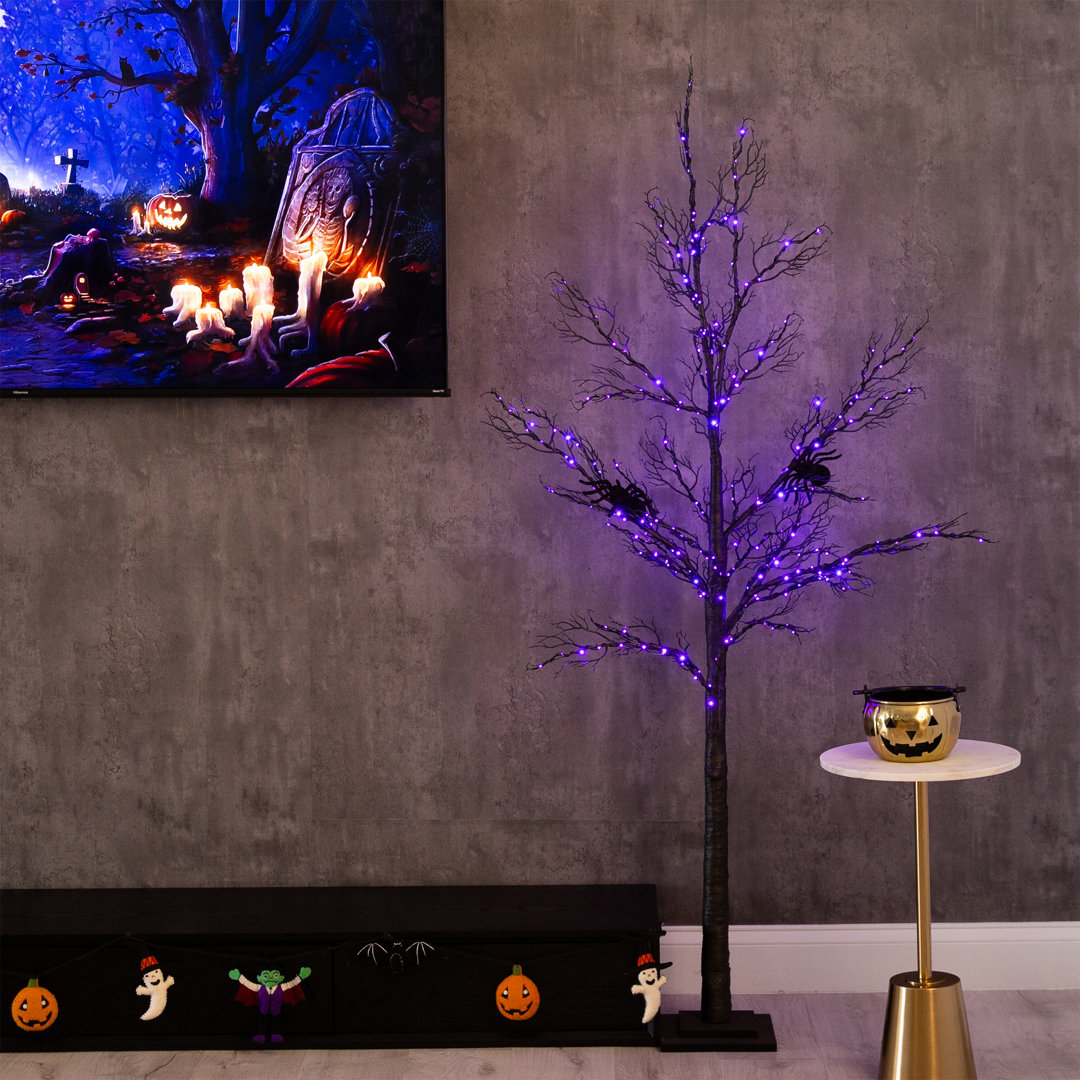 6ft. Pre-Lit Halloween Minimalist Twig Artificial Fall Tree with 320 Orange and Purple LED Lights Primrue
