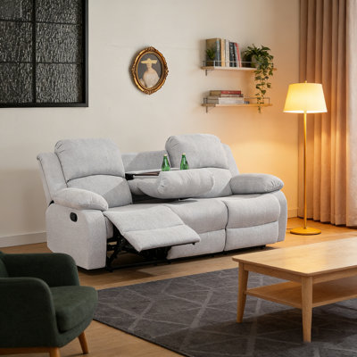 Canapé inclinable à 3 places, canapé inclinable manuel en lin gris avec table rabattable et porte-gobelets, canapé inclinable double à structure solide en bois massif pour le salon, la chambre à coucher