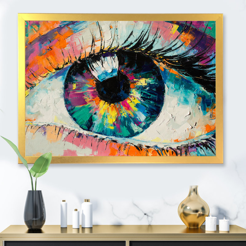 Œil de femme coloré turquoise - Œuvre d'art moderne sur toile, H 30 po x l 40 po x P 1,5 po, Toile encadrée dorée
