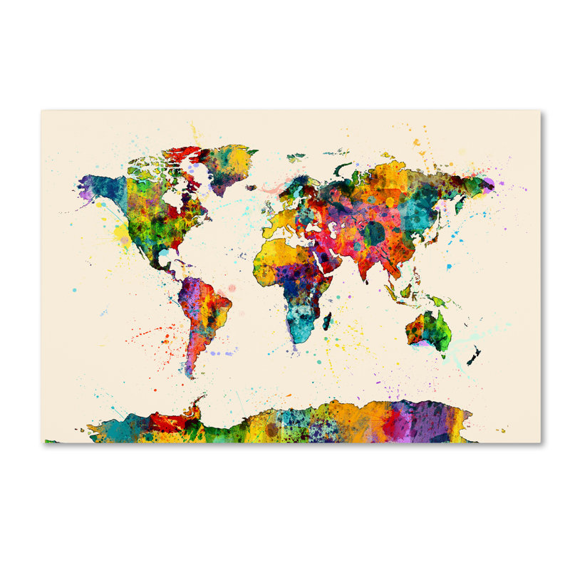 « map of the world aquarelle ii », reproduction d’impression sur toile tendue, H 30 po x l 47 po x P 2 po
