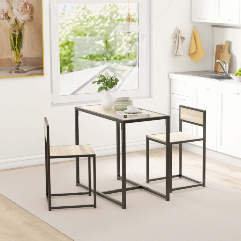 Oak and Black 3-Piece Industrial Dining Table Set with 2 Chairs