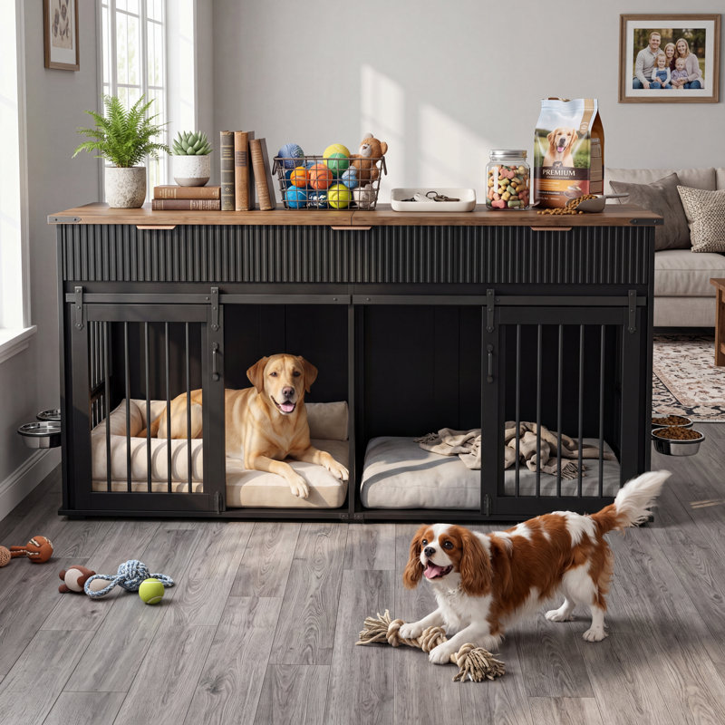 Meuble pour chien 71 po avec 3 tiroirs cannelés, grand chenil avec prise de courant et mangeoires rotatives pour chiens robustes