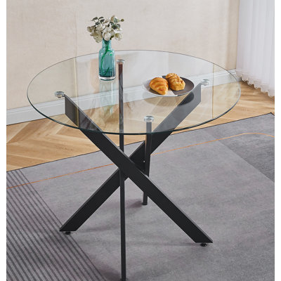 Black Dining Table With Cross Metal Leg And Tempered Glass,Modern Space Saving Kitchen Table For Living Room