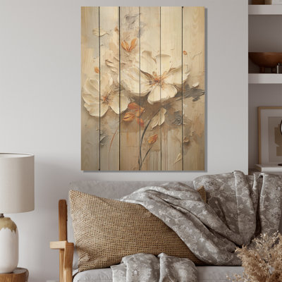 Beige Simplicity In Petals - Flowers Wood Panel Wall Art On Natural Pine Wood