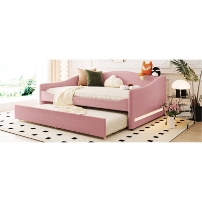 Upholstered Daybed With And Trundle In Pink - Soft Bed Full Fleece Movable Flexible Arrangement