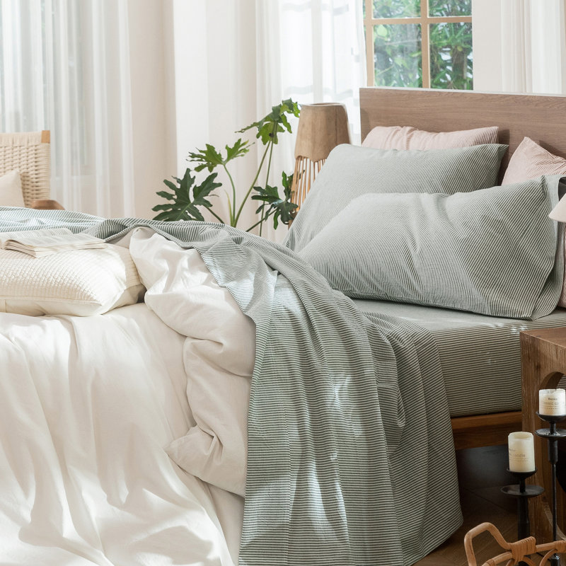Ensemble de draps 100% coton lavé MooMee, Ensemble de draps pour grand lit avec 2 taies d'or