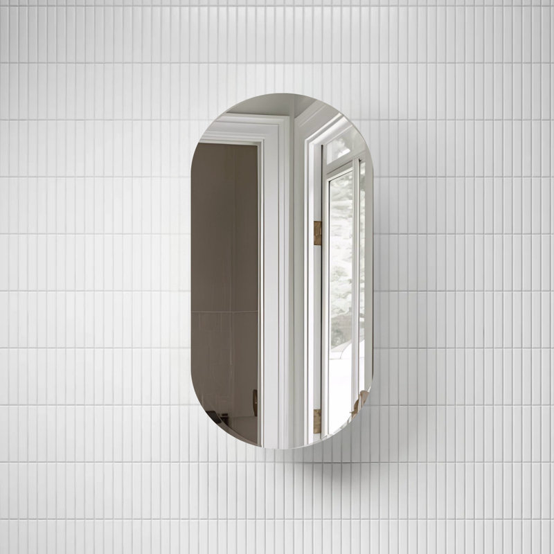 Modern Oval Bathroom Compact Medicine Cabinet | Durable Pre-Assembled Mirror Shaving Cabinet, White