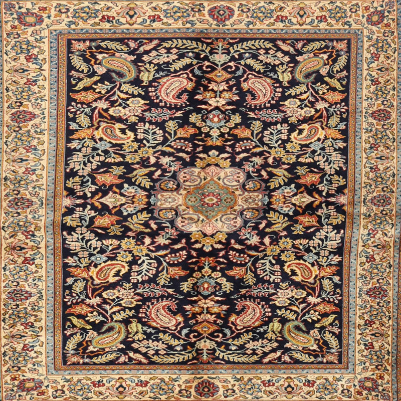 Tapis noir/vert/crème traditionnel Sibeudu, Carré 6 pi
