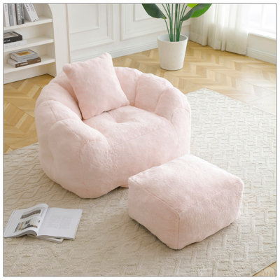 Giant Bean Bag Chair withFootstool, Oversized Bean Bag  for Adults and Kids, Faux Fur Shell-Shaped Large Chair with Filler, Stuffed Big Accent Sofa,  Floor Sofa for Gaming,Reading Living Room Bedroom