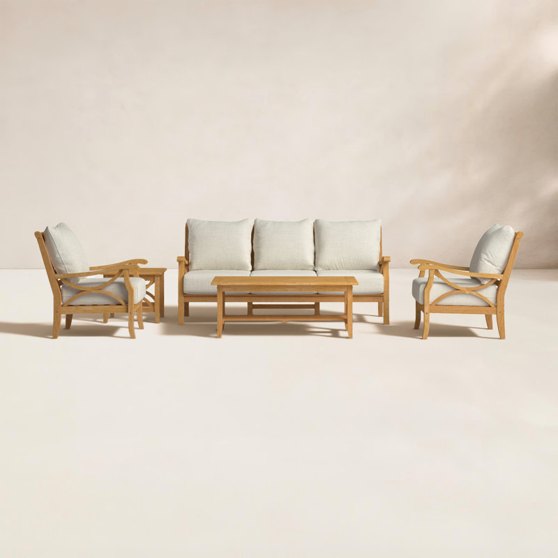 Brunswick 5 Piece Teak Sofa Seating Group with Cushions, Brown, Tan Performance Basketweave