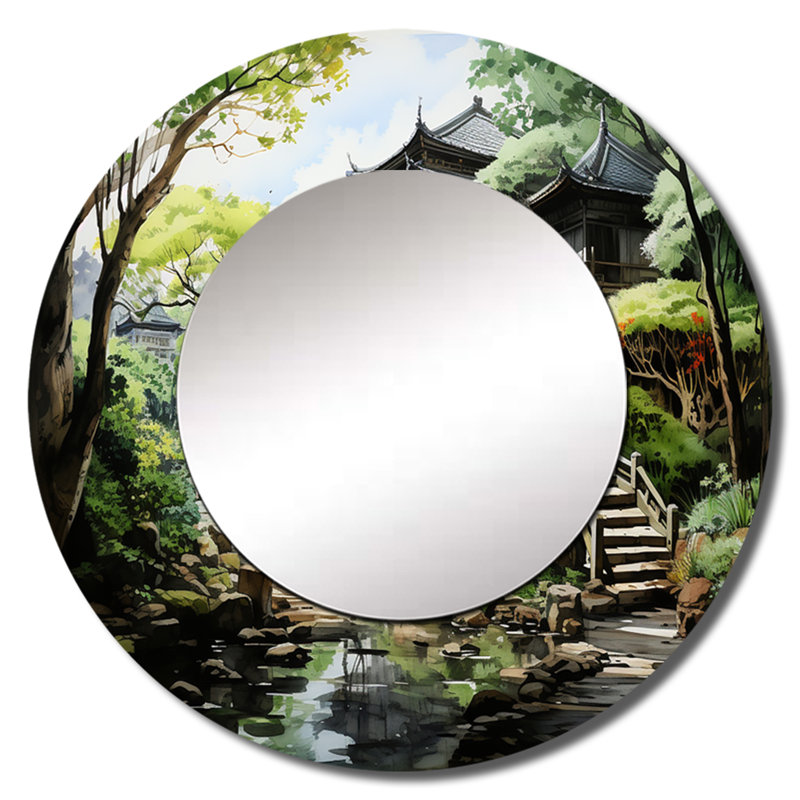Japon Art Zen Garden Serenity I - Japan Art Large Wall Mirror, Green Round Decorative Mirror, Printed Metal Art, 29" x 29"