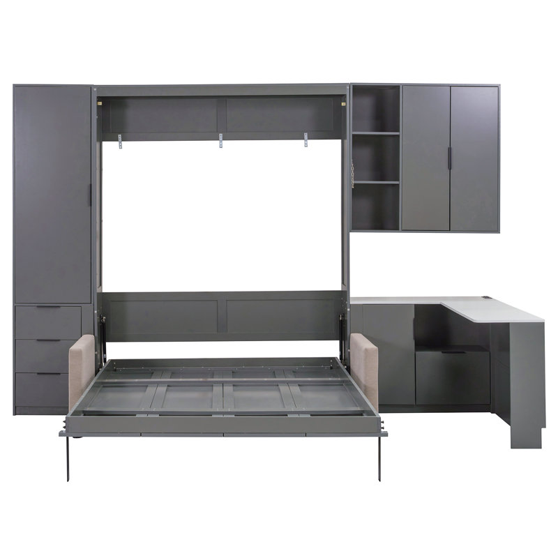 Grand lit escamotable avec levage hydraulique, canapé, tablettes et tiroirs de rangement, éclairage DEL et USB, panneau gris, canapé beige