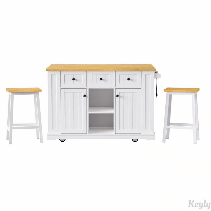 Rolling Kitchen Cart with Drop Leaf, 2 Bar Stools, Power Outlet and 5 Open Side Racks, White