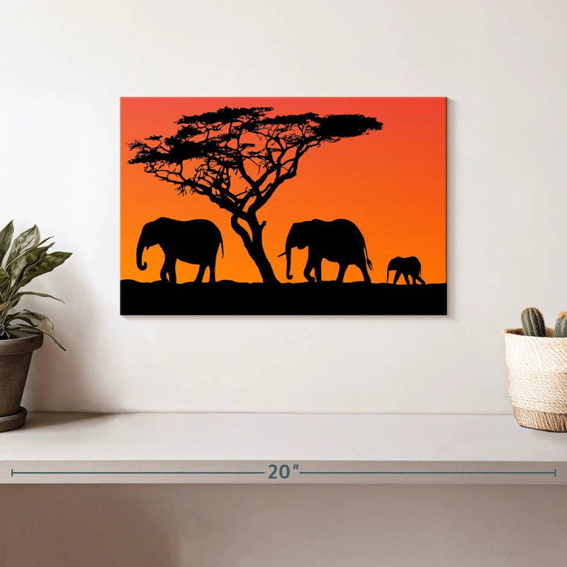 Orange Sunset Elephants, 8" H x 12" W