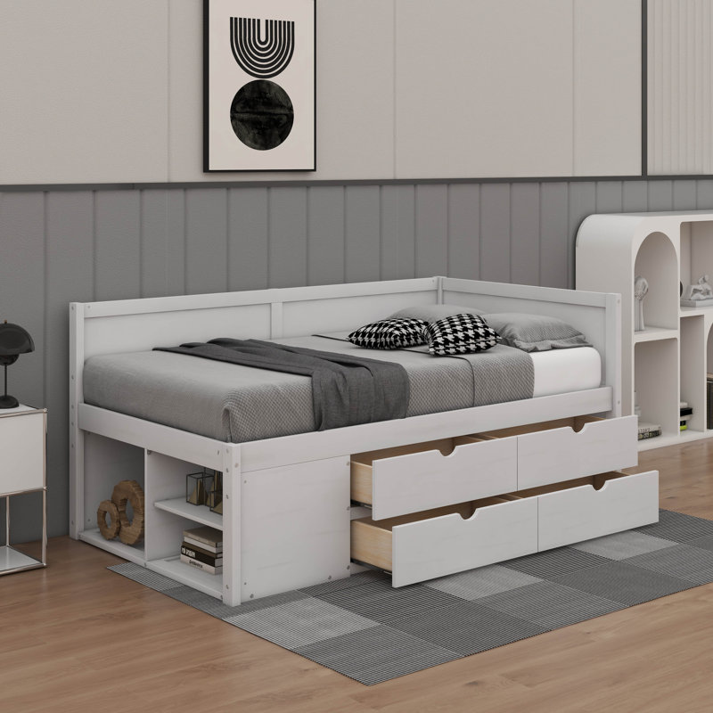 Lit de jour simple avec tiroirs et tablettes, Blanc