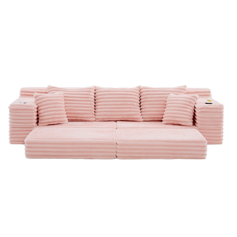 Canapé-lit avec porte-gobelets, poches latérales, Velours côtelé rose