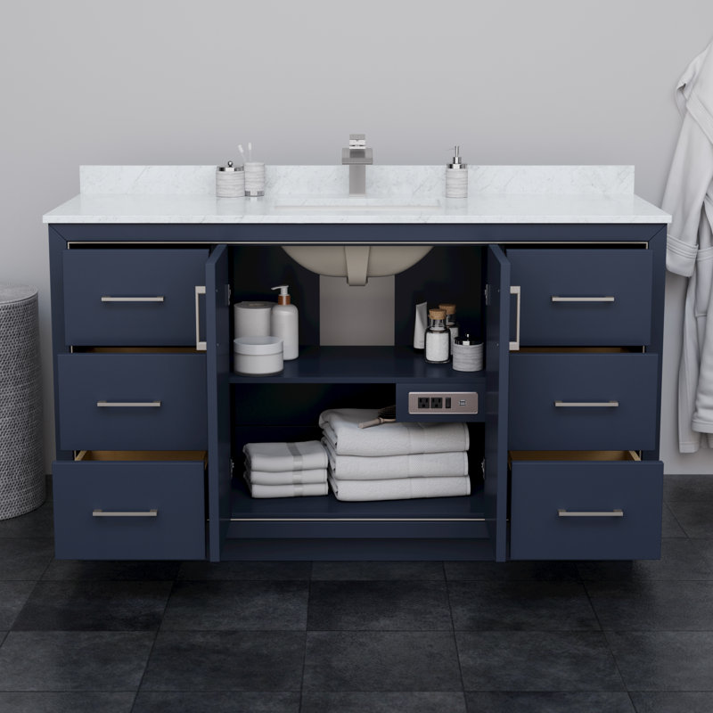 60'' W Single Vanity, Dark Blue, Carrara, Brushed Nickel