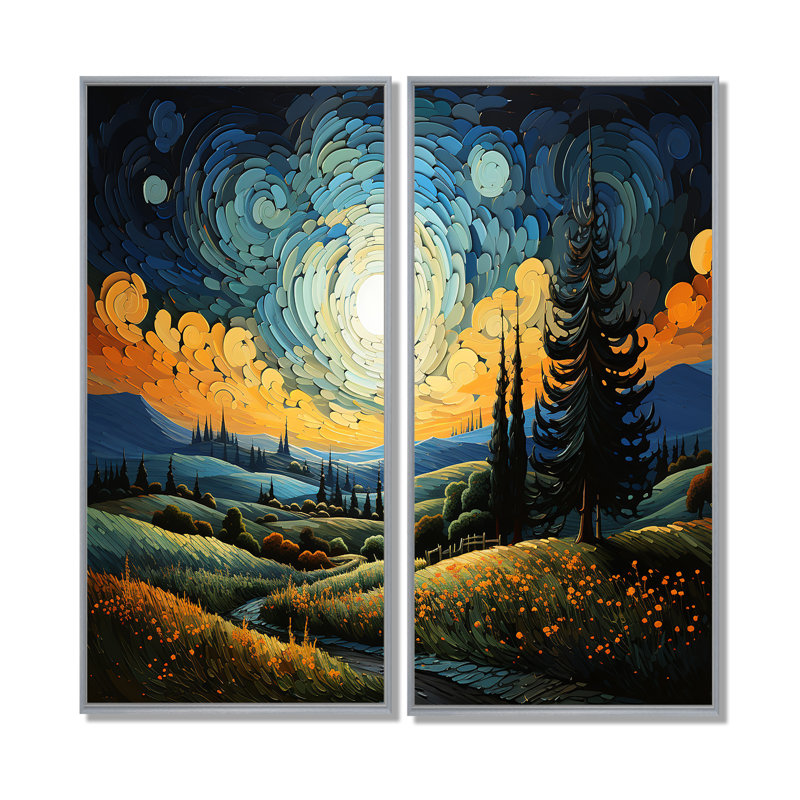 Vangogh le cyprès se balançant III - Paysages Vangogh, art mural 2 panneaux, 32" H x 32" W, Impression encadrée flottante