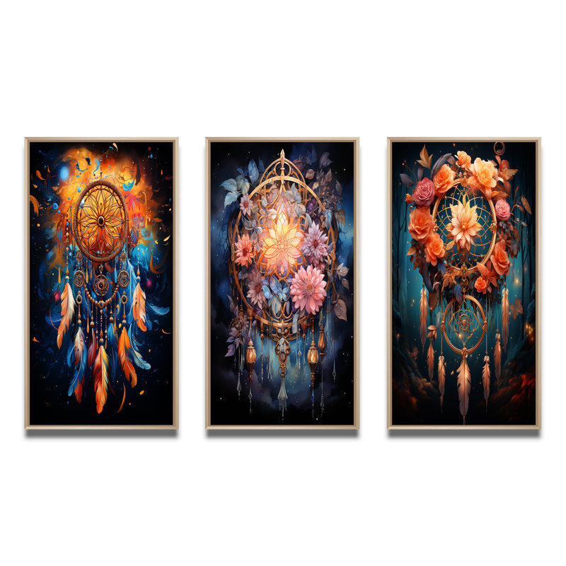 «Dreamcatcher Infinite Dreams», 3 pièces sur toile, Encadré naturel, H 20 po x l 36 po