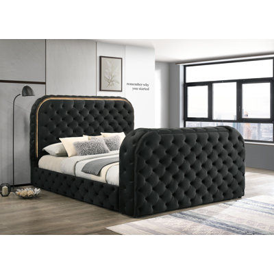 Kana Black Upholstery Velvet Eastern King Bed W/LED, Fireplace & TV Stand