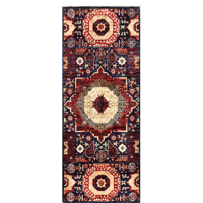 Hand-Knotted High-Quality Navy, Red, and Beige Runner