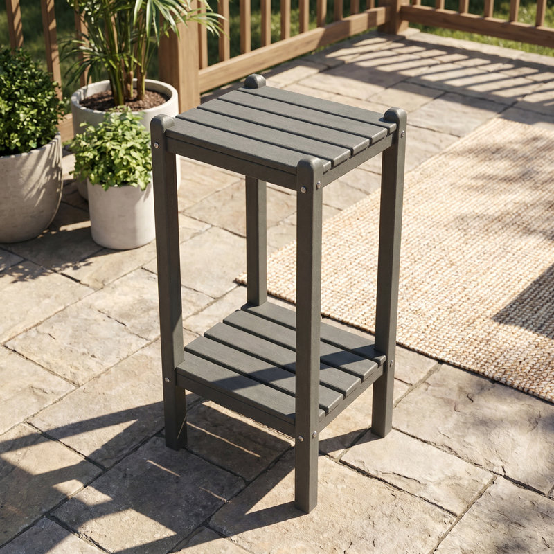 Outdoor HDPE Double-Layer Side Table – Gray Patio End Table With Storage Shelf, All-Weather, Low-Maintenance & Heavy-Duty Outdoor Table