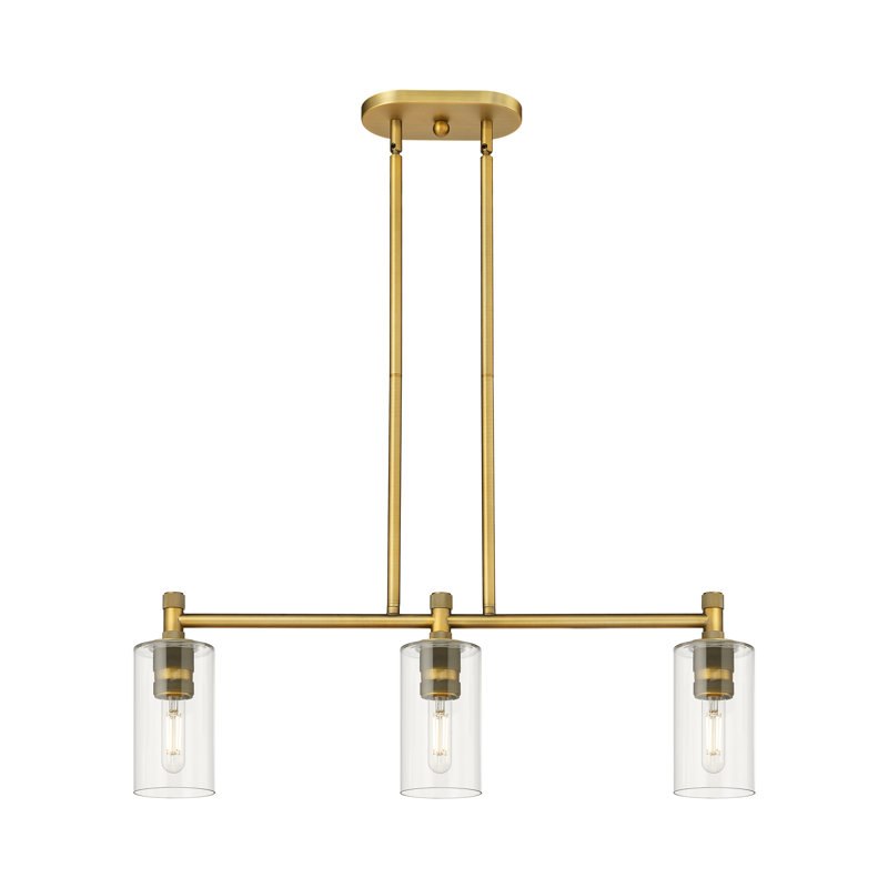 Crown Point 3 Light Stem Hung Island Light, Brushed Brass, Clear, 9.88" H x 30.5" W x 3.88" D