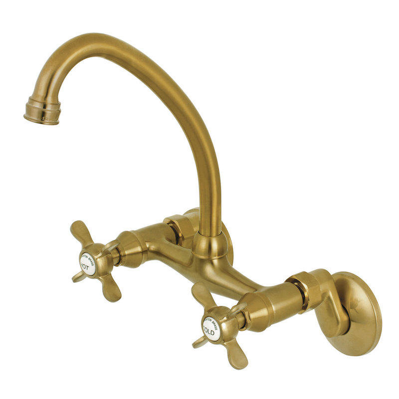 Kingston Brass Essex Double-Handle 2-Hole Wall-Mount Bridge Kitchen Faucet, Satin Brass