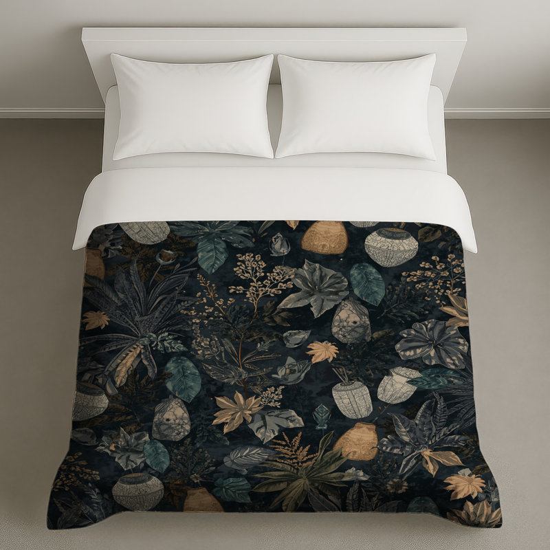 Housses de couette feuilles tropicales et vases, Lit simple