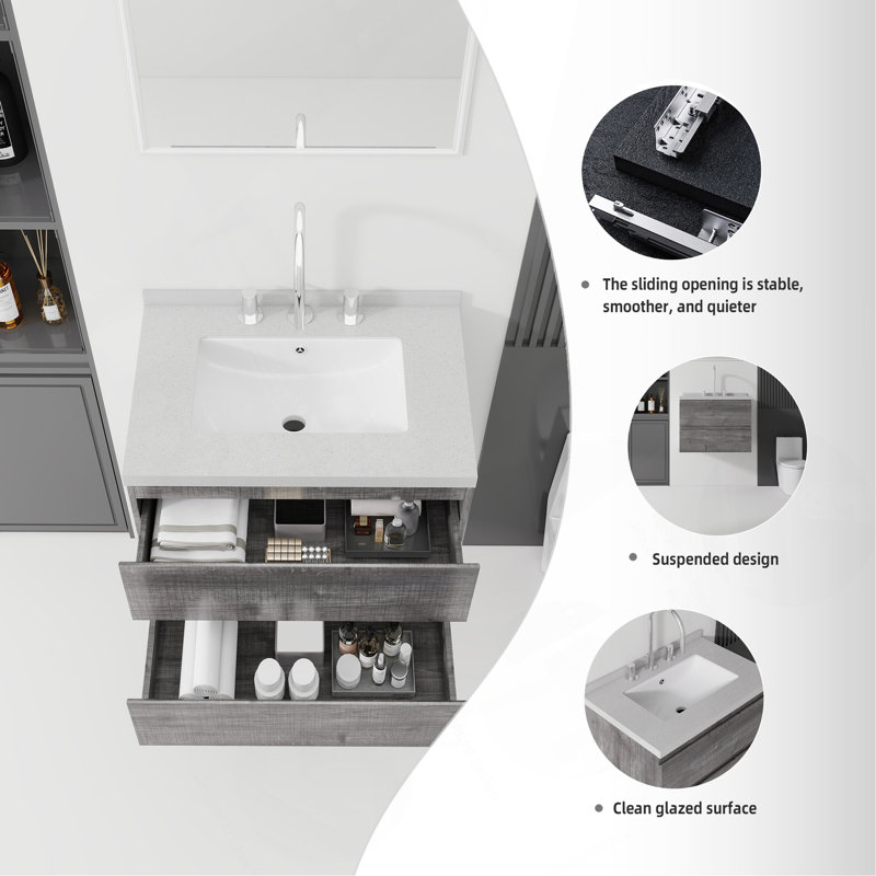 Meuble-lavabo flottant 24 po avec lavabo, tiroir à fermeture en douceur, comptoir en granite blanc de 2 po et dosseret, contreplaqué