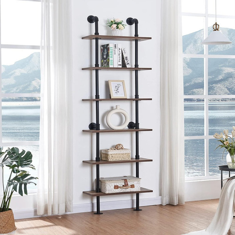 Bibliothèque à 6 niveaux à tuyaux, échelle murale avec cadre en métal pour bureau à domicile et salon, chêne brun