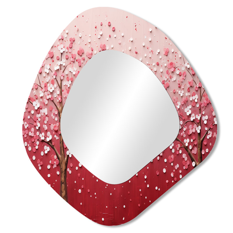 Jasiah Pink and white Cherry Blossom tree 1 - Cherry Unique Shape Wall Mirror, Pink Freeform Decorative Mirror, Printed Metal Art