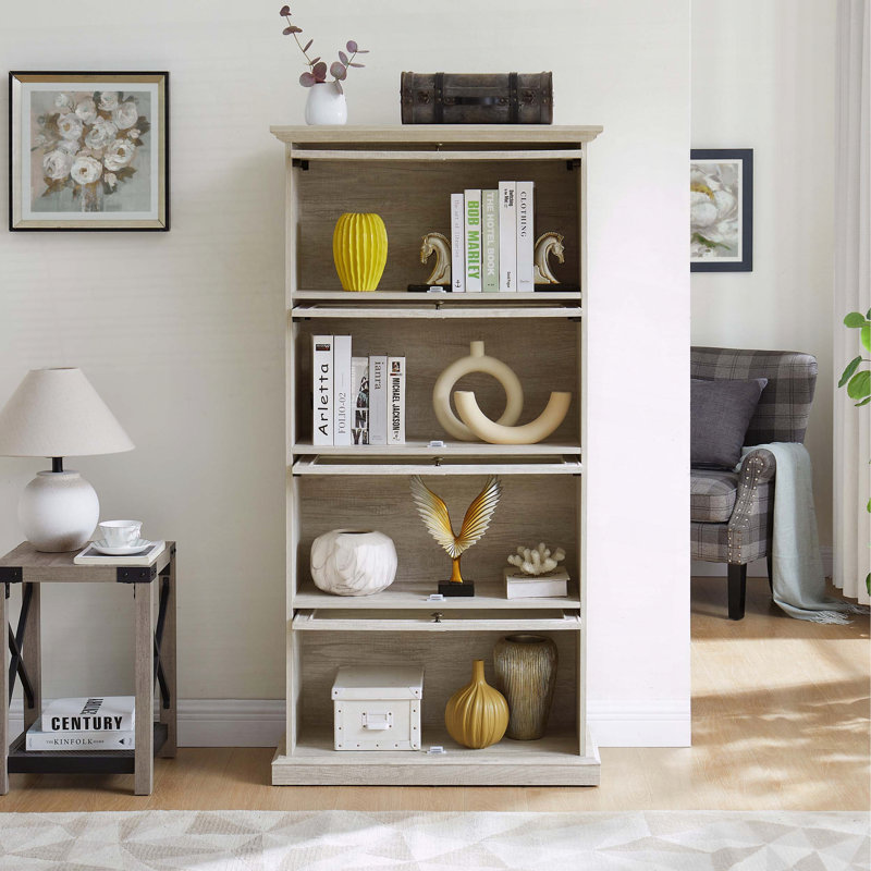 4-Tier Glass Display Cabinet with Flip-Up Glass Doors, Antique White