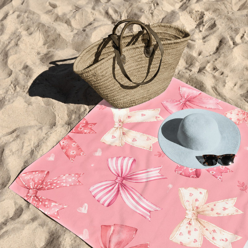 1Pcs Pink Bow Beach Towel, featuring a watercolor pattern of various bows and hearts on soft background. Large microfiber, perfect for trips, swimming, travel, camping, adorable design.