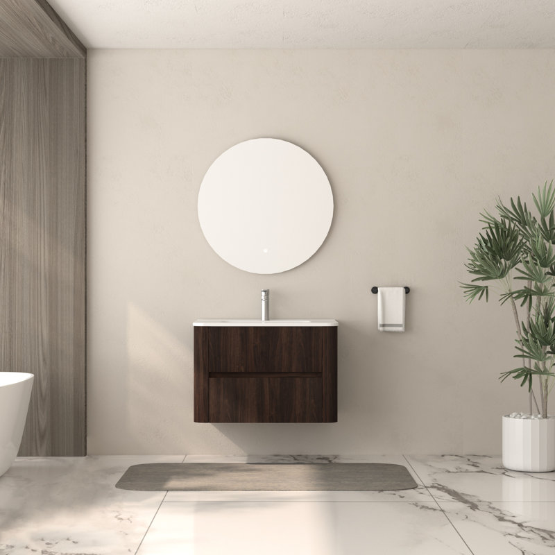 Meuble-lavabo flottant de 30 po avec deux tiroirs et un lavabo en céramique blanche, fixation murale, finition noyer foncé, stable, espace, assemblage simple pour les espaces compacts, lavabo à tiroirs, contreplaqué, facile à installer