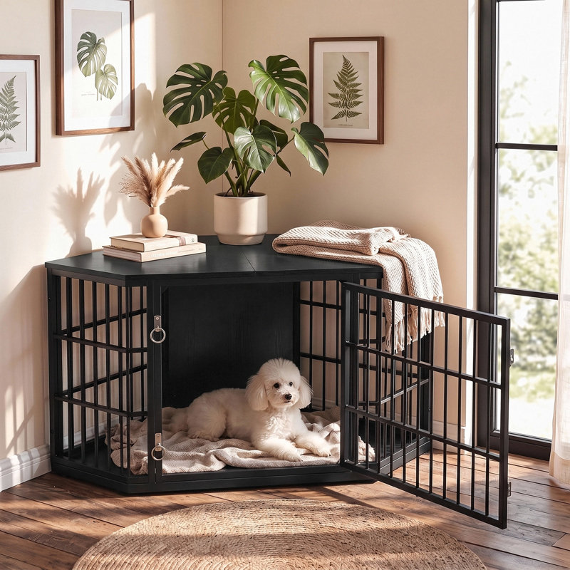 Fratesi Corner Wooden Dog Crate and End Table, 28" H x 52" W x 26.7" D, Black