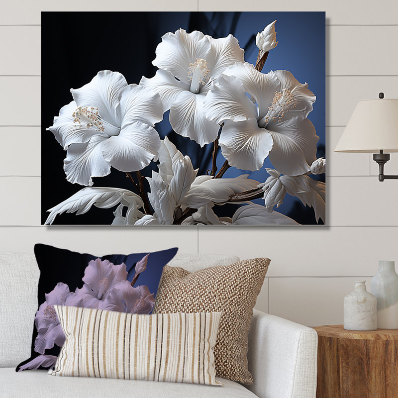 Fleurs d'hibiscus blanches illuminées au clair de lune sur toile, Toile tendue, H 12 po x l 20 po