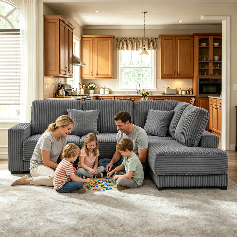 Geier L-Shaped Sectional Sofa, Gray Corduroy Couch with Reversible Chaise, Light Gray Corduroy