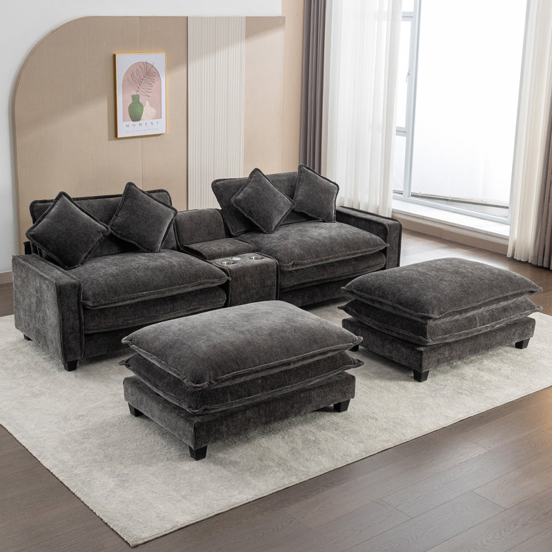 Canapé modulaire en chenille de 111 po avec deux repose-pieds amovibles en chenille, Gris chenille