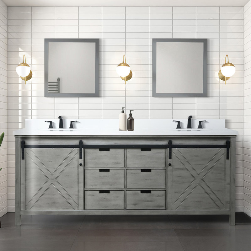 Meuble-lavabo double gris cendre 84 po X P 22 po D, Bois de frêne gris
