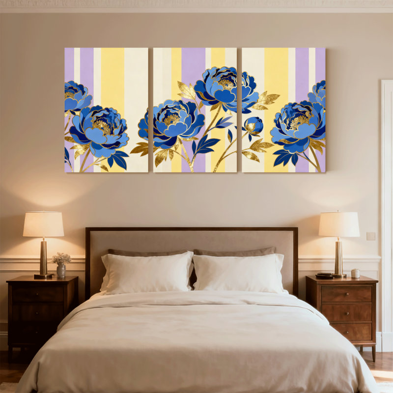 Plantes et fleurs, fleurs bleues, feuilles d'or, fond rayé, ensemble de 3 reproductions d'art sur toile, H 18 po x l 36 po