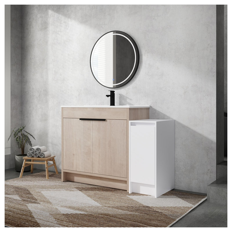Meuble-lavabo autoportant 48 po avec lavabo en céramique, finition blanc brillant ou chêne clair, armoire de contreplaqué moderne avec rangement inférieur