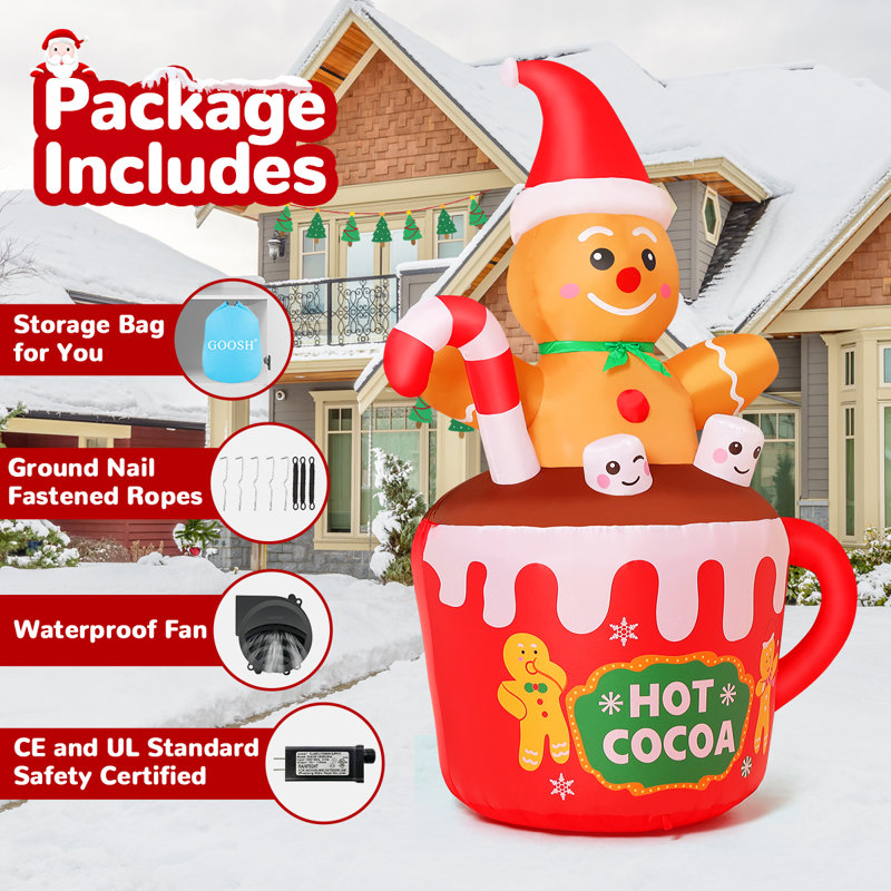 Christmas Inflatables 6 Ft Inflatable Gingerbread Man Sitting In Hot Cocoa Mug Scene With Built-in Leds