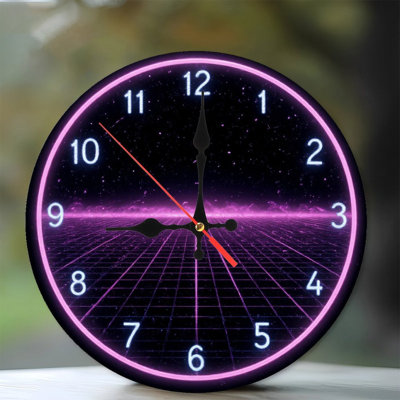 Neon effect Clock Face Over Synthwave Grid