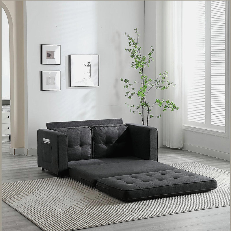 Canapé à 3 volets, canapé-lit futon convertible, causeuse peu encombrante, canapé-lit escamotable pour le salon, gris foncé et gris clair et beige, tissu en lin velours