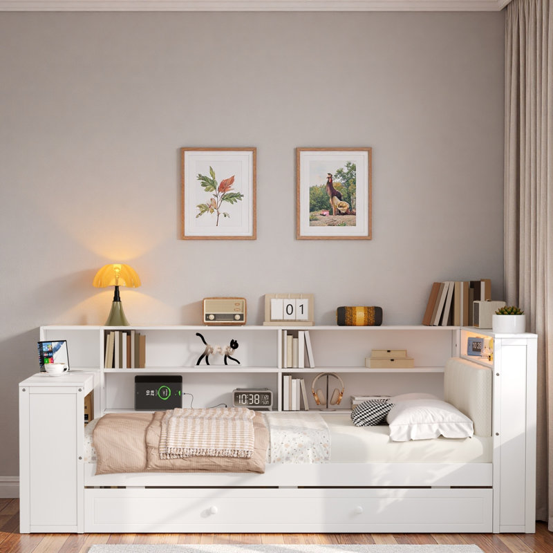 Wood Platform Bed With Storage Shelves, Trundle, Charging Station, Led, Desk And Upholstered Headboard, White