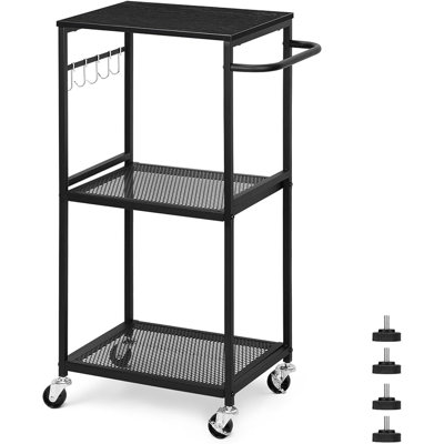 3-Tier Metal Utility Cart with Hooks, Heavy Duty Rolling Storage Organizer for Kitchen, Bathroom, Garage, Living Room, Black