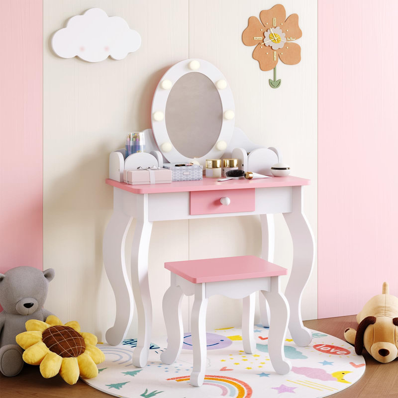 Ensemble coiffeuse pour enfants avec éclairage DEL, miroir tricolore - Coiffeuse princesse 3+ avec tabouret et rangement - Blanc